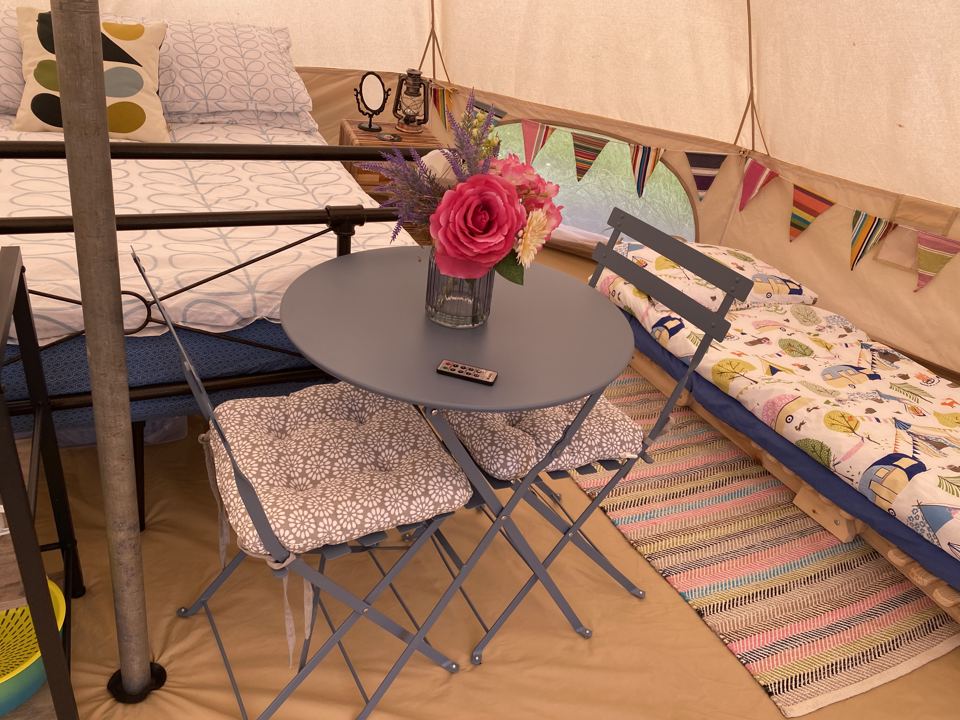 Bell tent bed and table