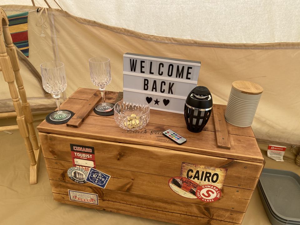 Welcome sign in a bell tent