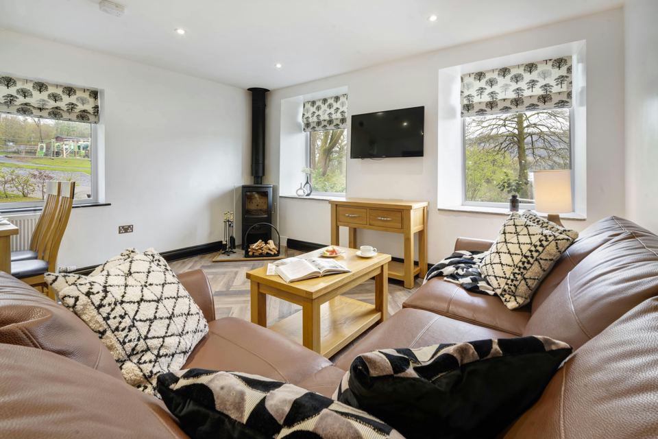 Lounge with wood burner and sofas