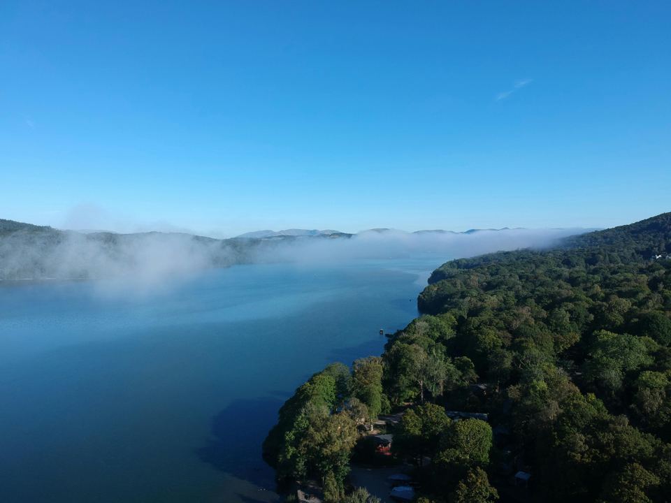 Misty lake view from above