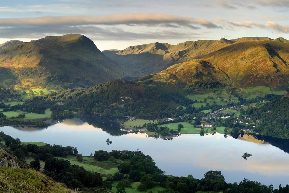 Fells above a lake at sunset