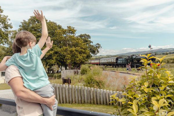 Steam train passing the park