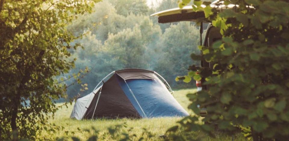 Tent in a woodland clearing