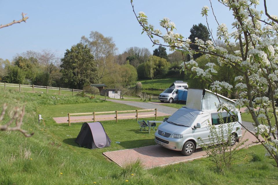 Campervan and tent on grass pitch