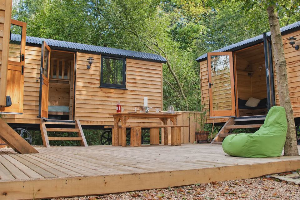 Shepherd's huts on a deck
