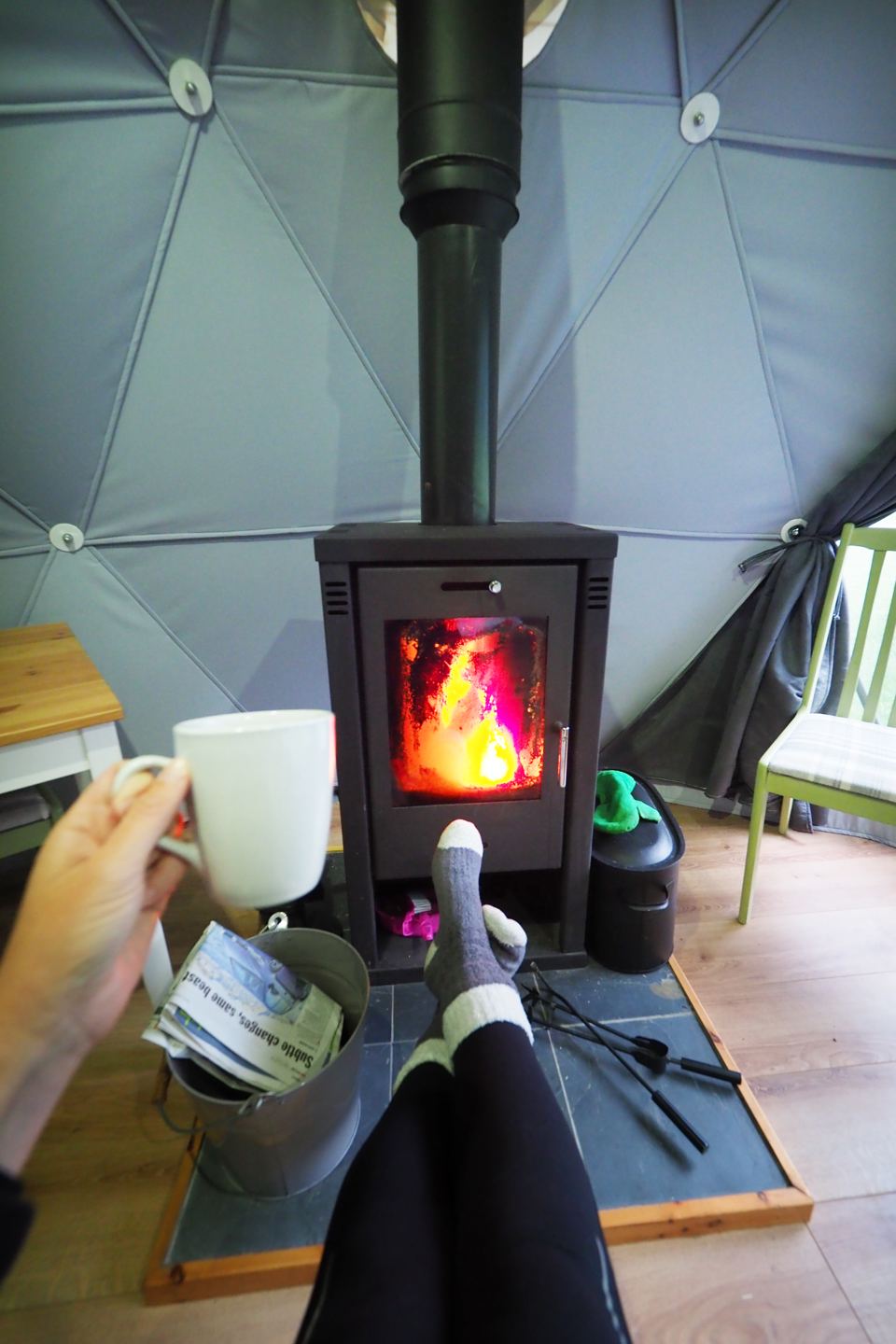 Log burner inside a geodome