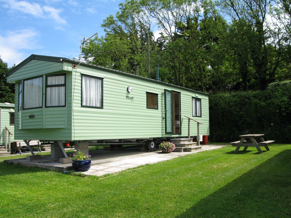 Static caravan on the lawn