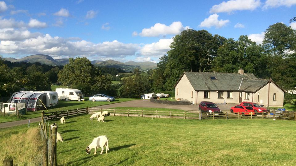 Caravans beside the farmhouse and sheep