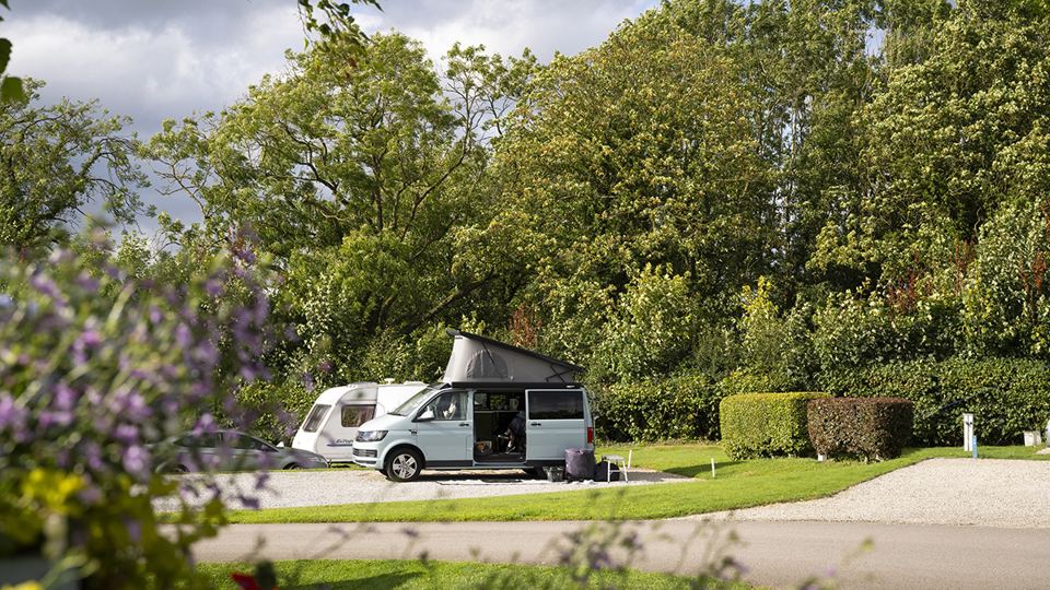 Campervan on a hedged pitch