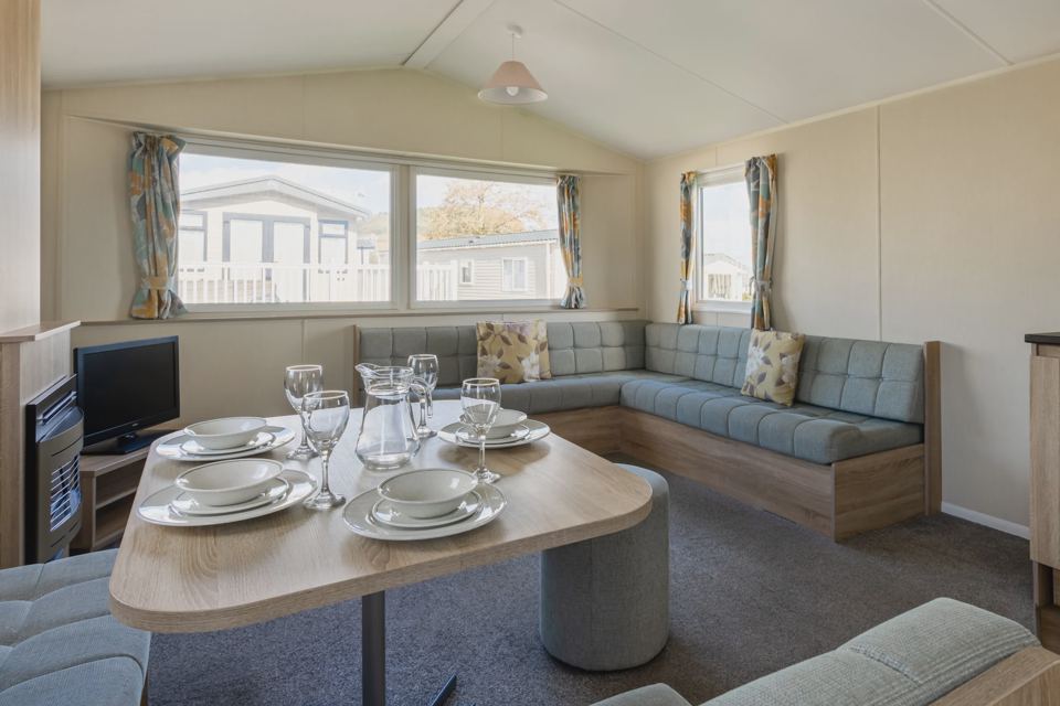 Lounge with sofa and dining table