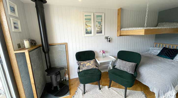 Inside the cabin with bunk beds