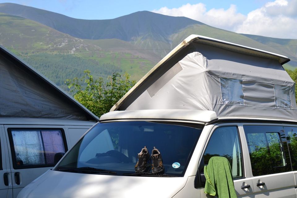 Campervan with mountain behind