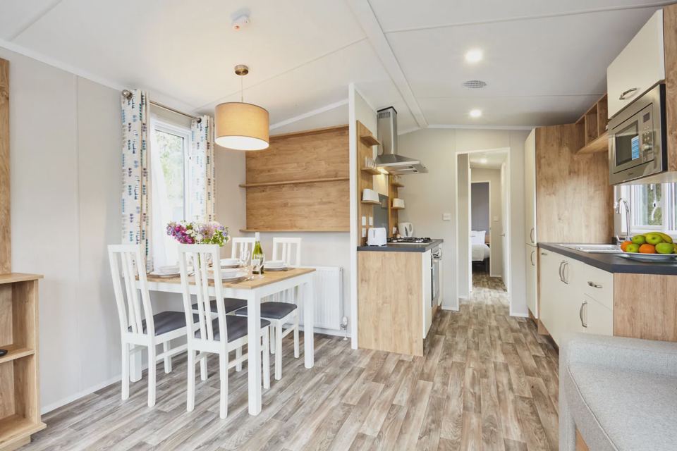 Caravan dining area and kitchen