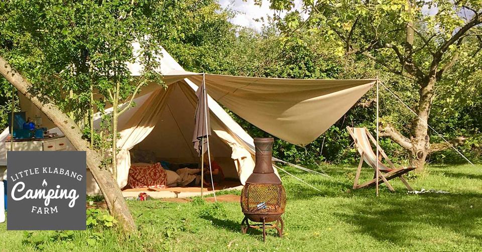 Bell tent with awning and chiminea