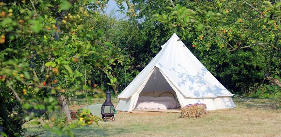 Bell tent and chiminea in the orchard