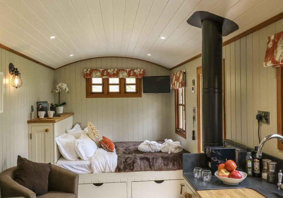 Inside the hut with wood burner