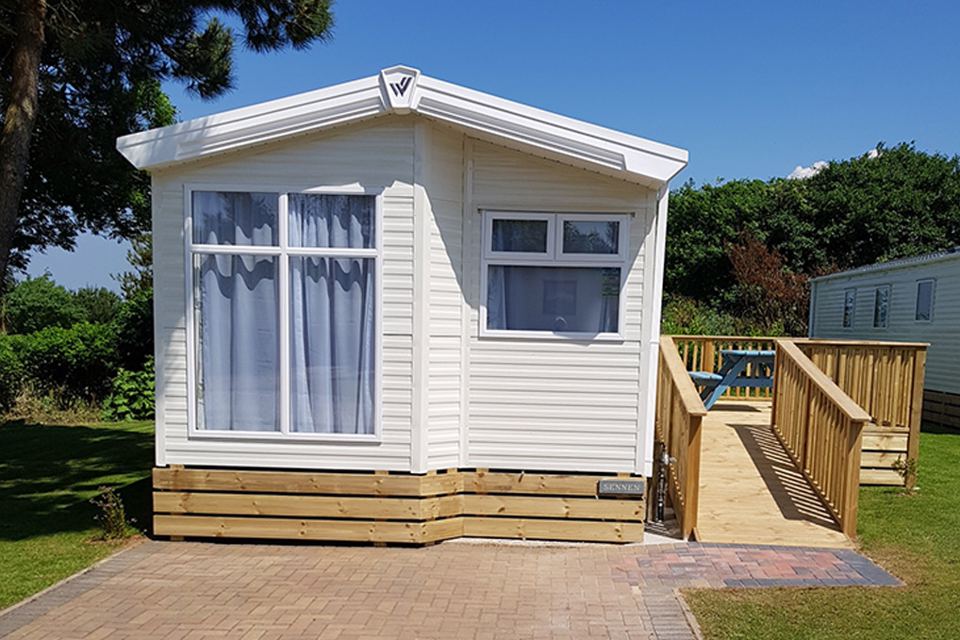 Static caravan with decking