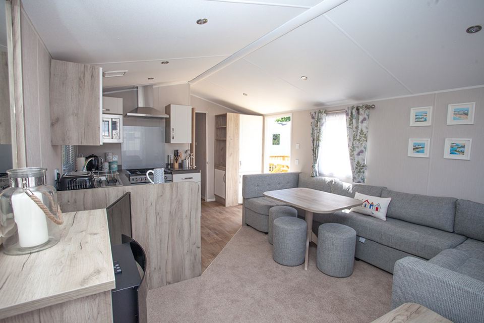 Kitchen and lounge inside the caravan