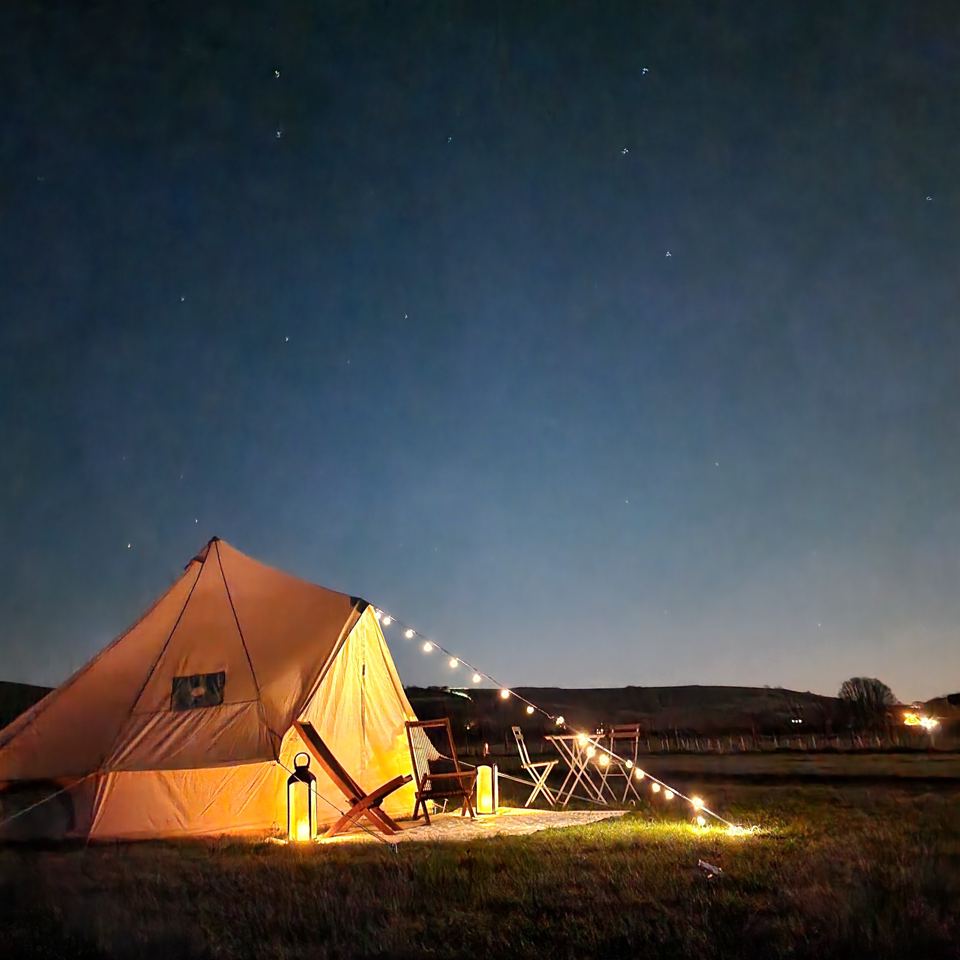 Lit bell tent under the stars