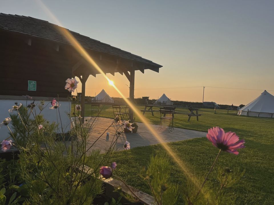 Bell tents on the lawn at sunset