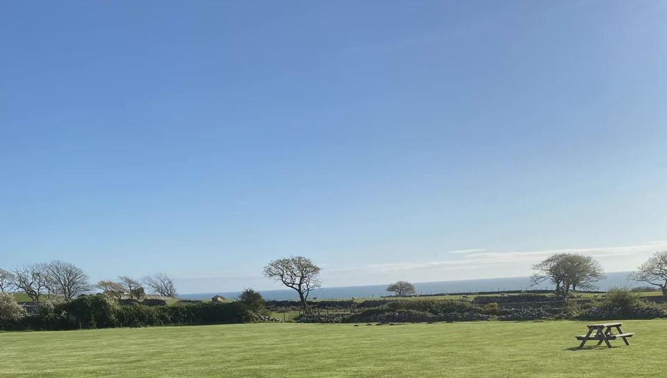 Grass field with sea view