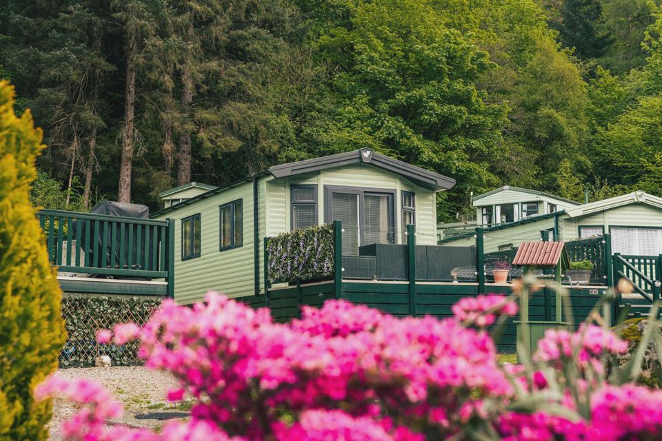 Caravan with decking and flowers