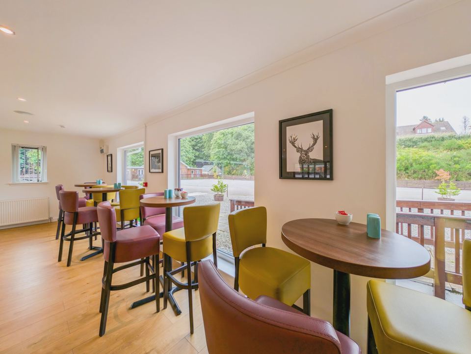 Cafe seating by the windows