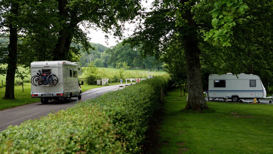Motorhome on a hedged pitch