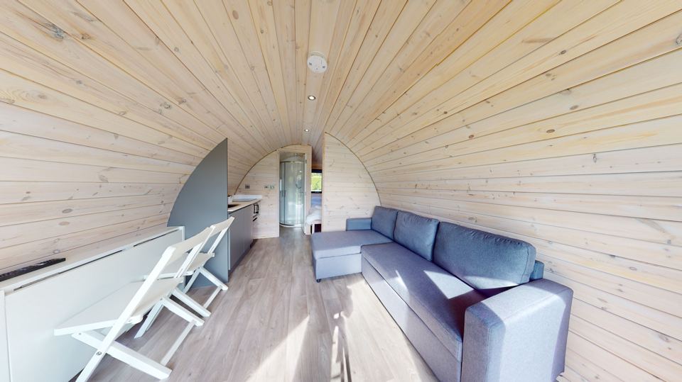 Inside a pod, lounge area