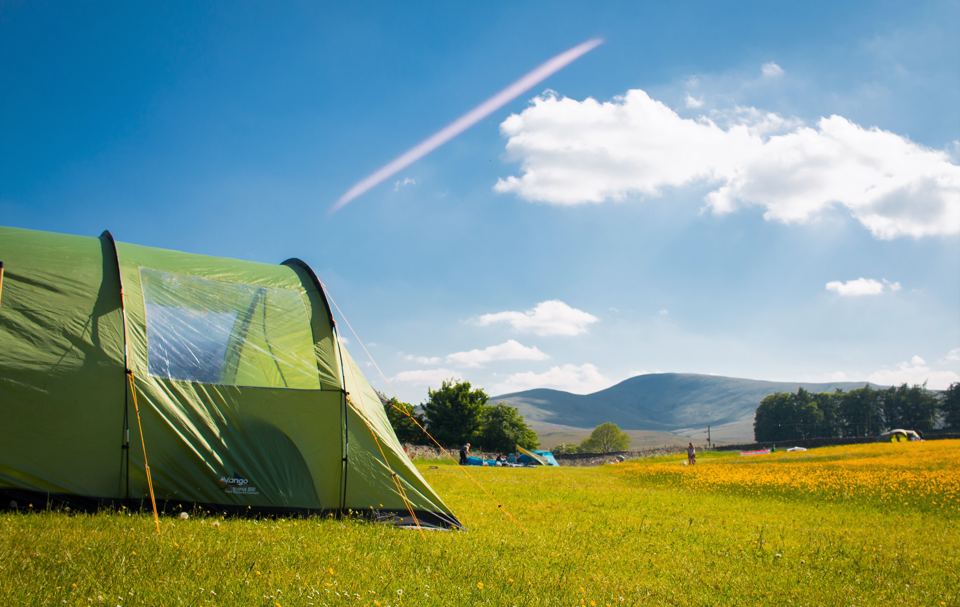 Tent pitch on open grass