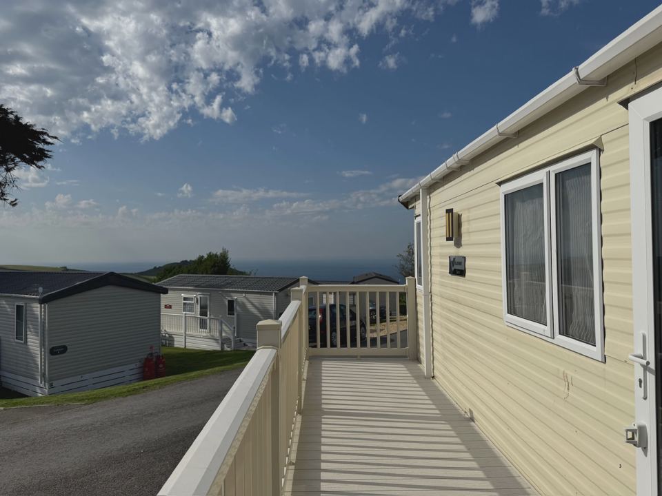 Static caravan with decking