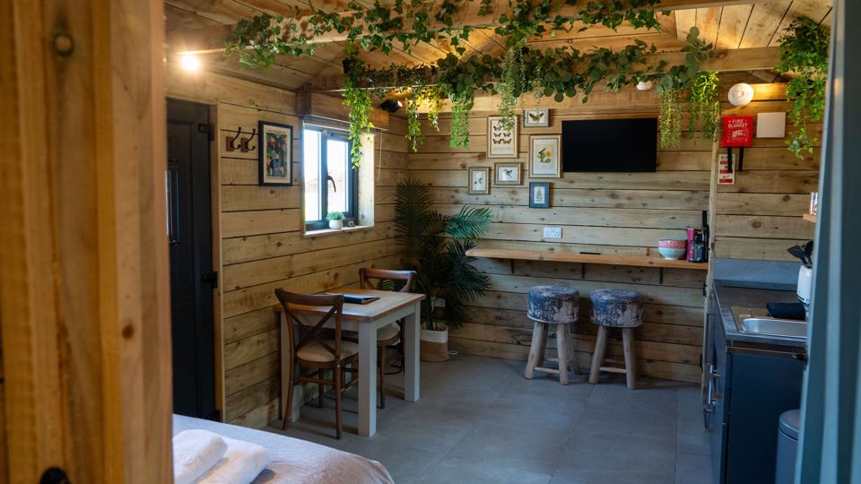 Inside the cabin with table and bar