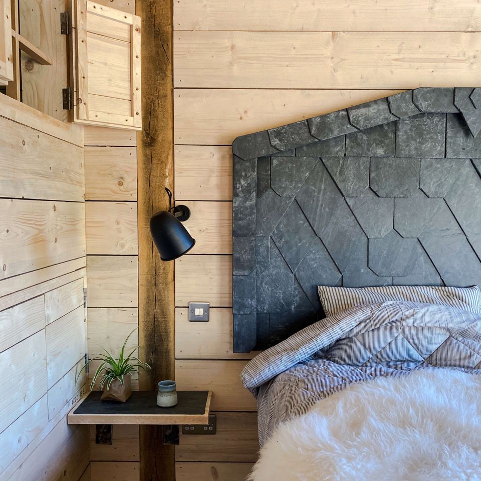 Bedroom with slate headboard