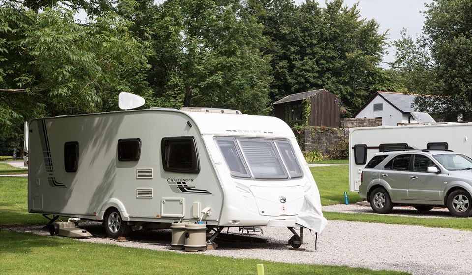 Caravan and motorhome on the pitch