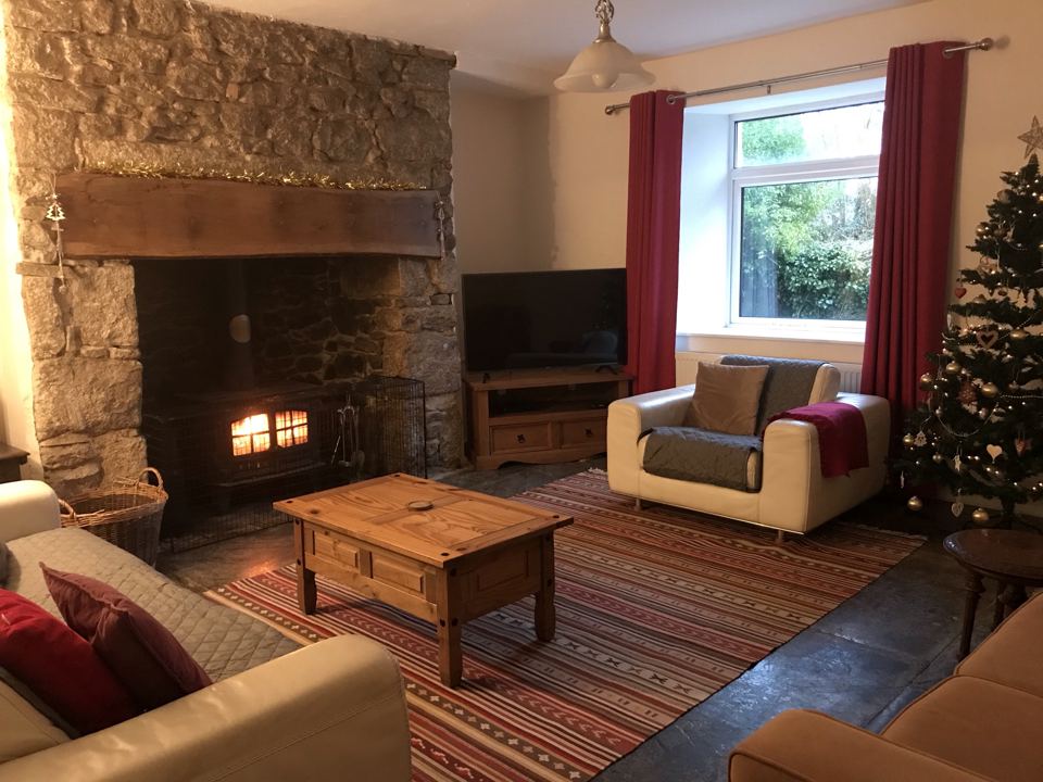Living room with stone fireplace