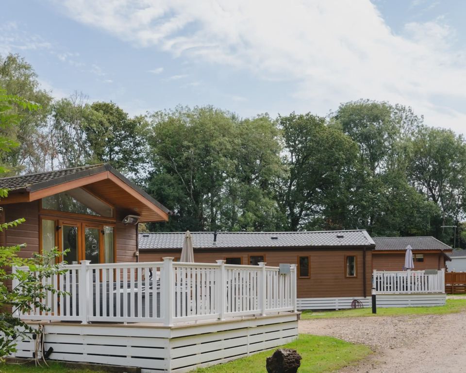 Lodge and deck among trees