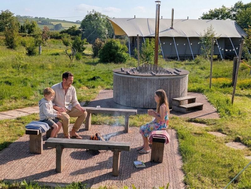 Fire pit seating by the hot tub