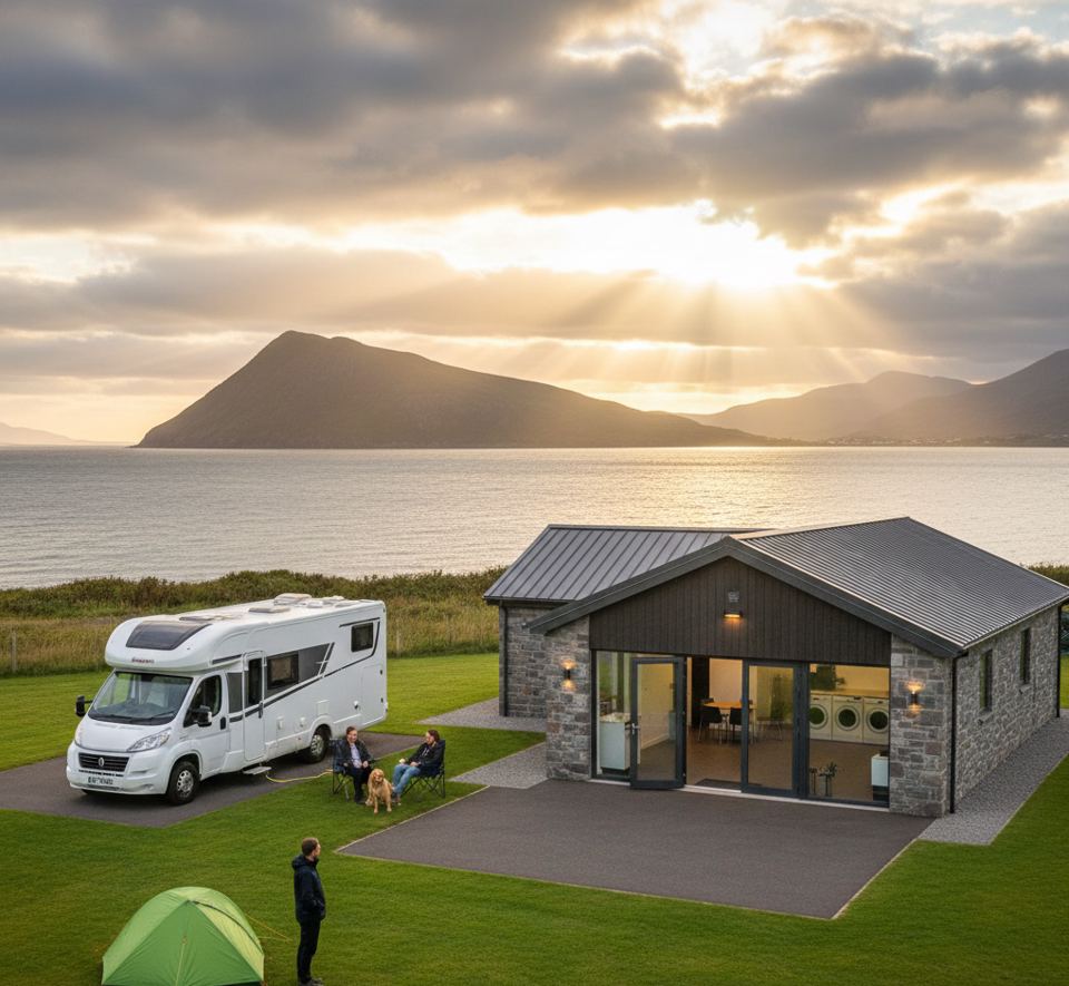 Motorhome with Holy Isle beyond