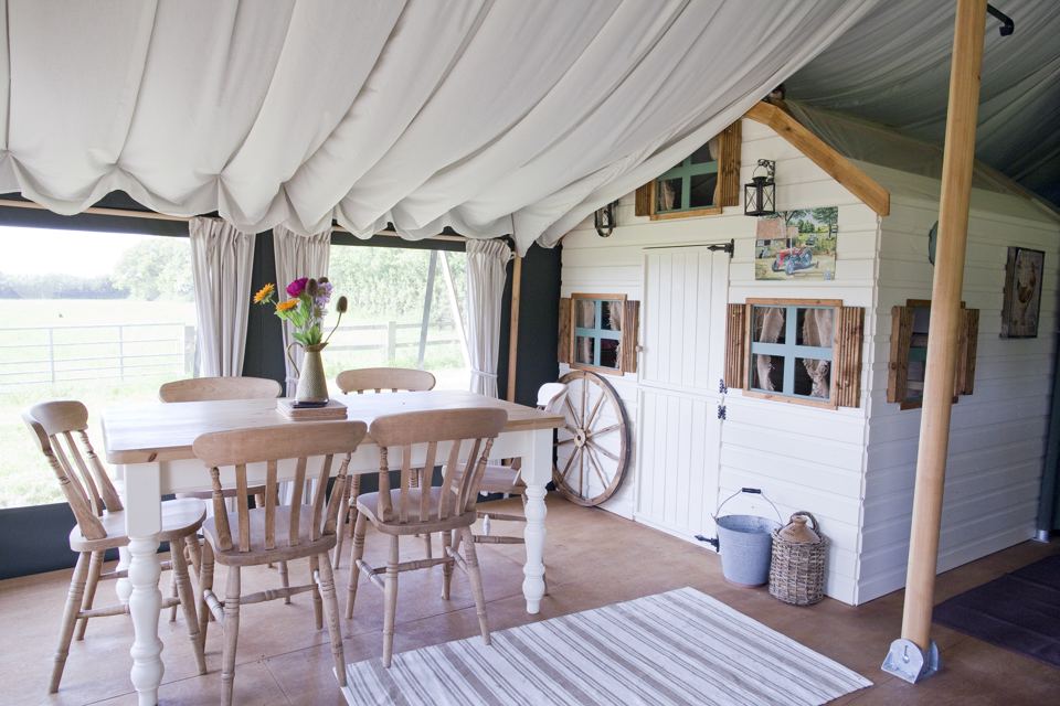 Inside a canvas lodge