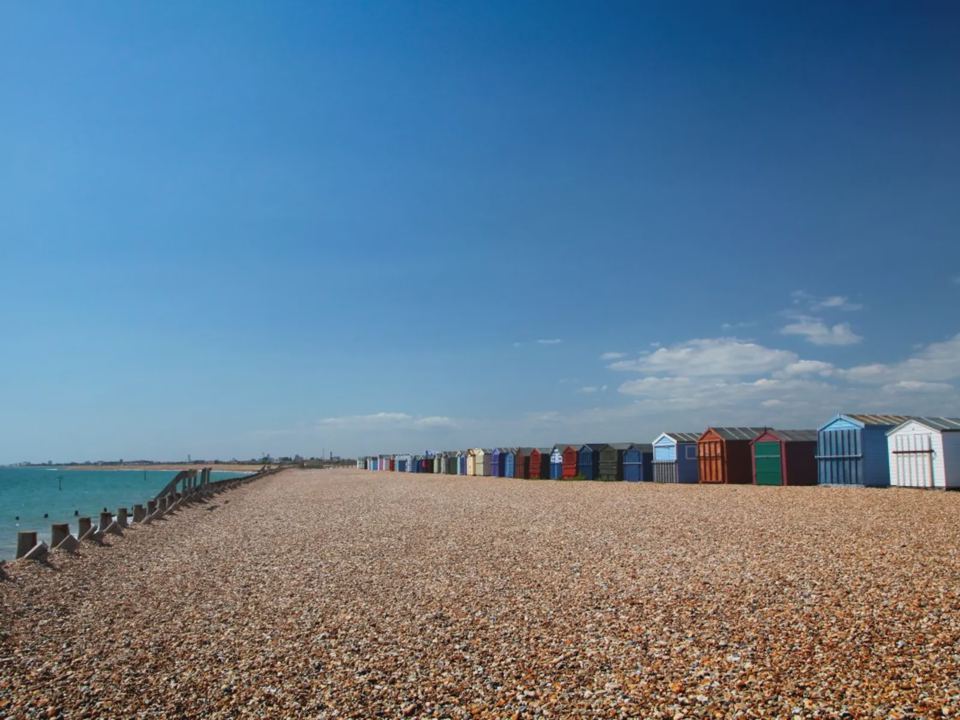 Shingle beach and beach huts