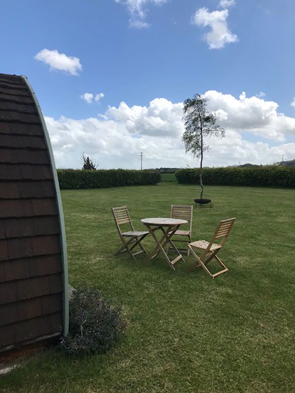 Pod and seating on the lawn