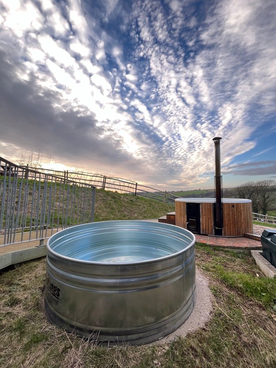 Barrel hot tub on the lawn