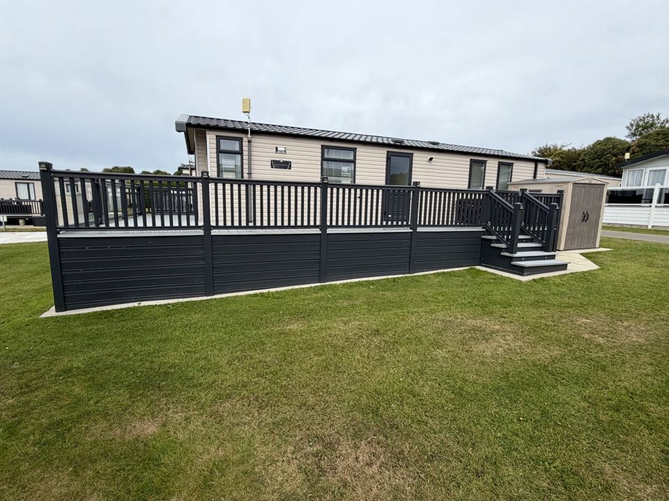Static caravan with decking