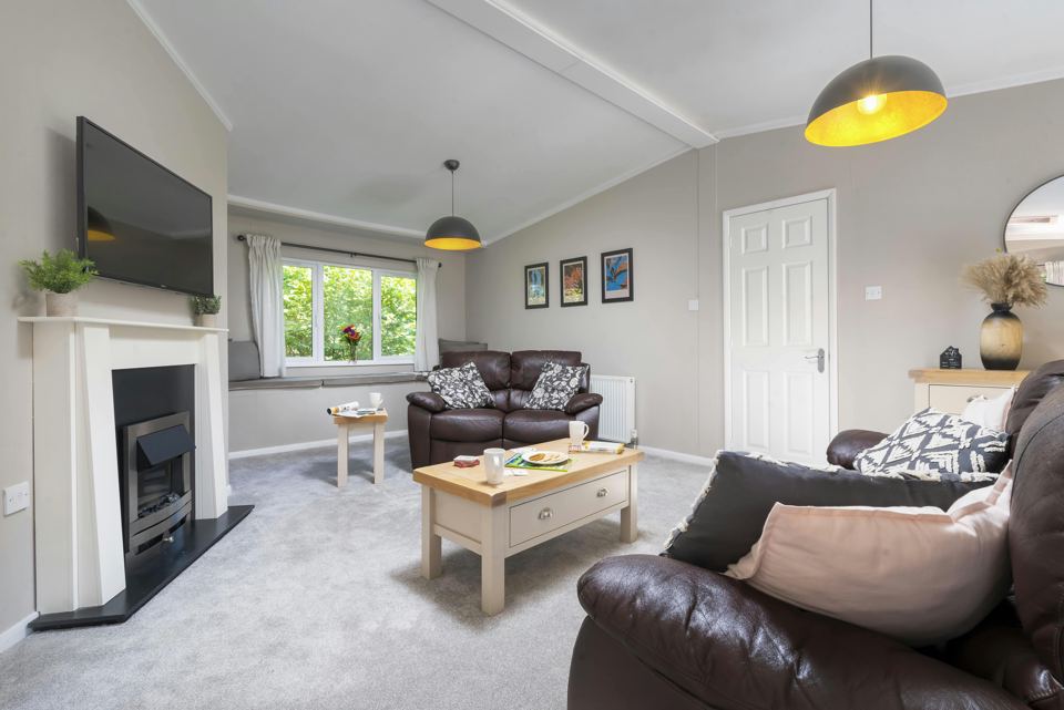 Caravan living room with fireplace
