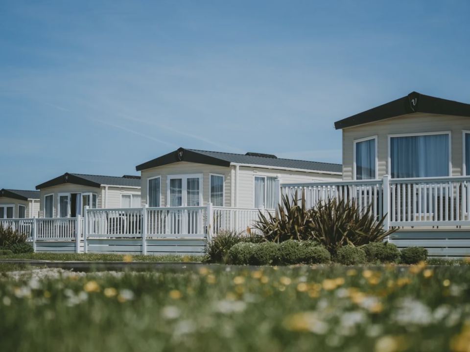 Caravans with decking among flowers