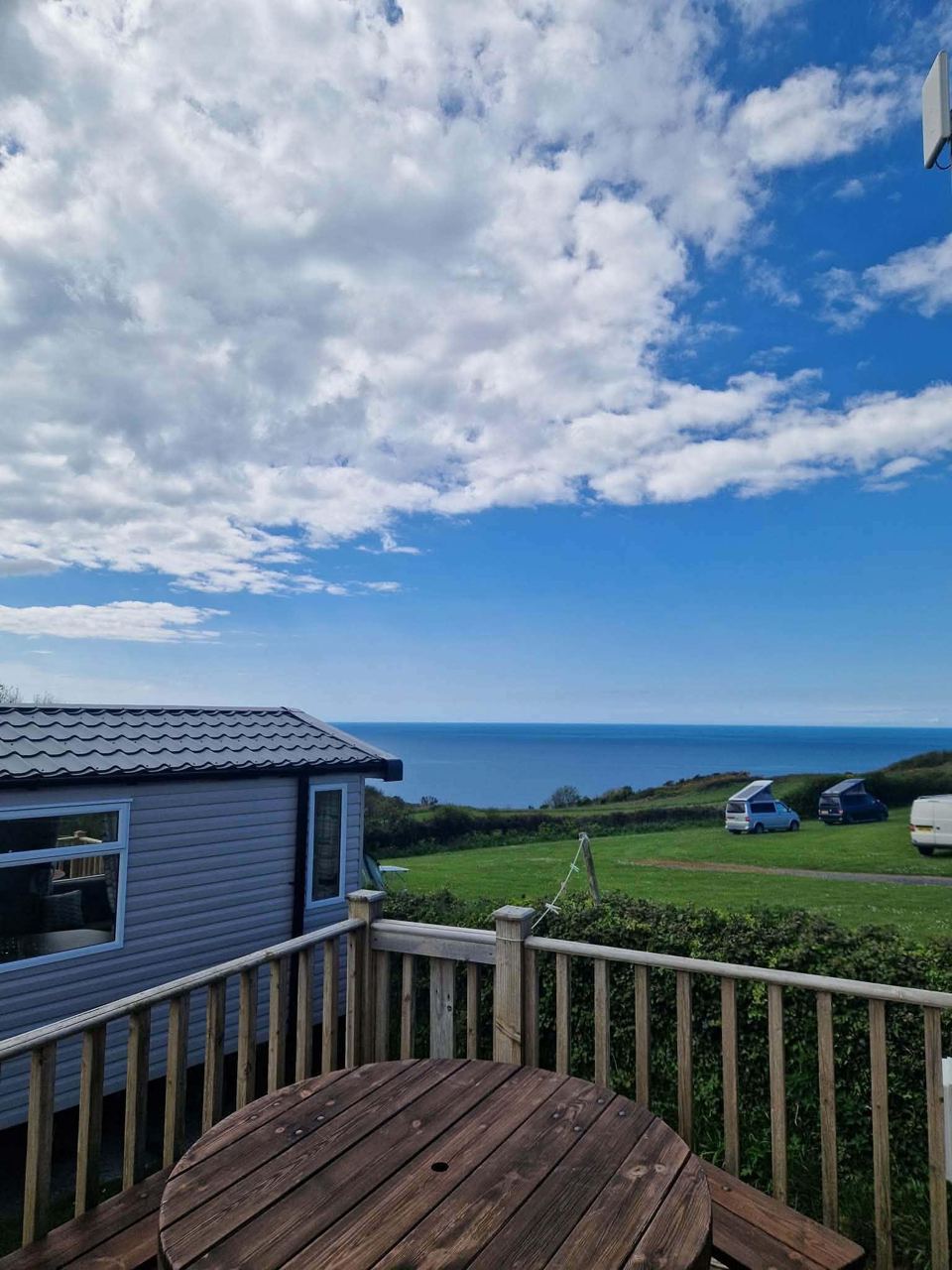Static caravan with decking and sea view