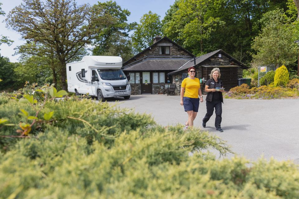 Motorhome by the park building