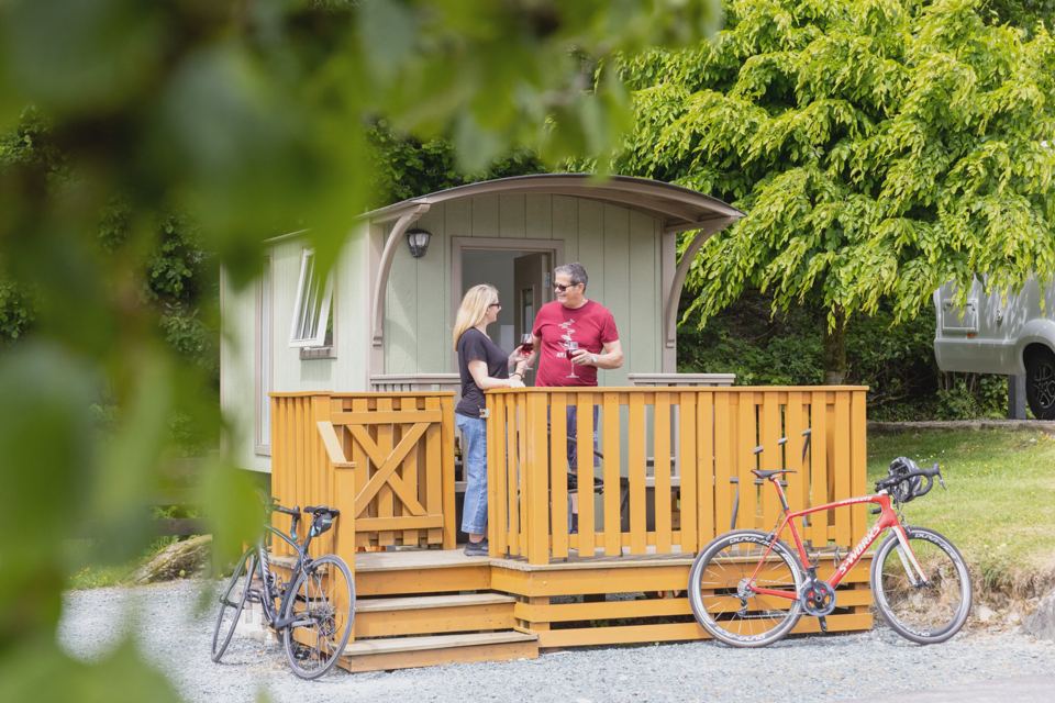 Pod with decking and bike