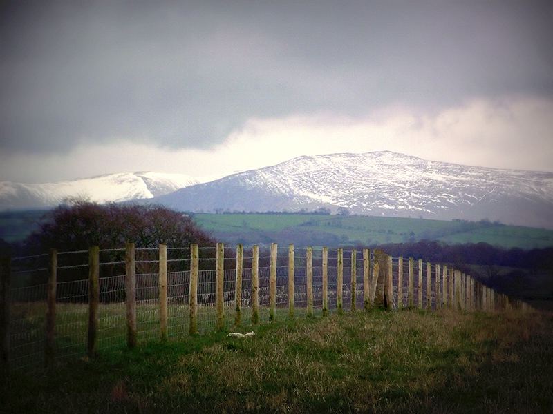 Snowy hills across the fields