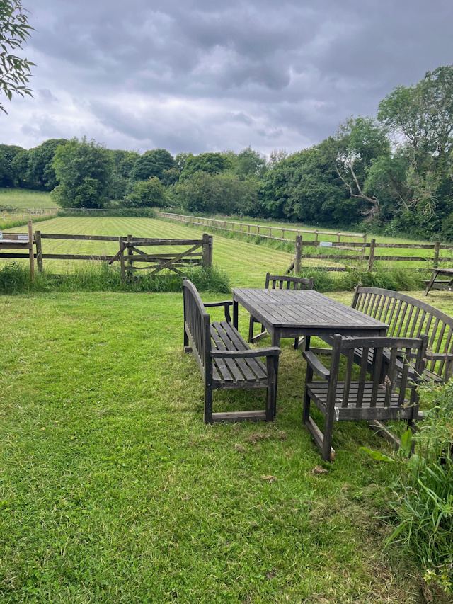 Paddock and tables, hedged edge